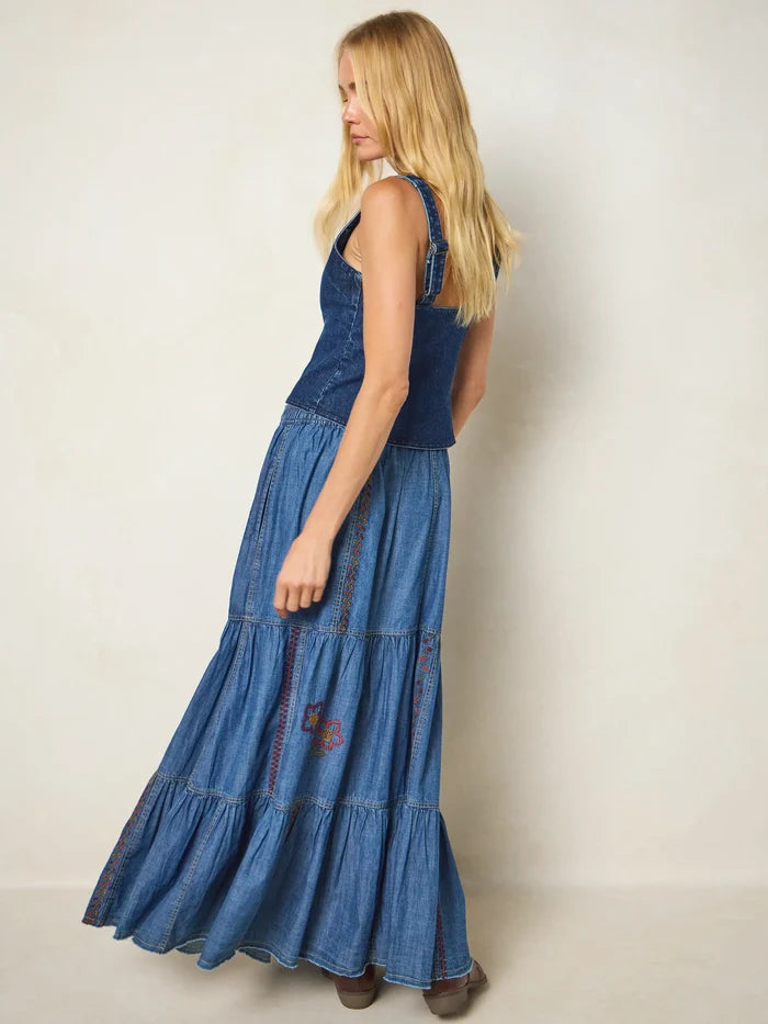 Abilene Embroidered Cotton Maxi Skirt - Denim-view 6