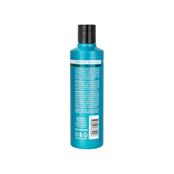 ALLDAY LOCKS moisturizing hair lotion for waves teal bottle with black flip cap and back label shown
