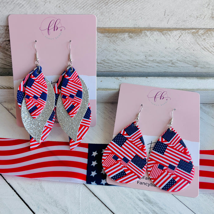 American Flag Faux Leather Teardrop Ear Bling Two Styles Available