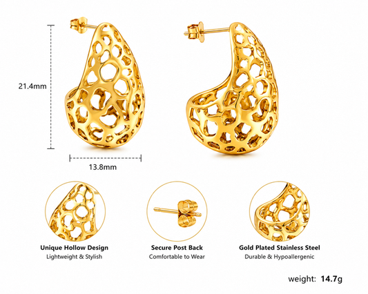 Ason Water Drop Hollow Zircon Stud Earrings 18K Gold