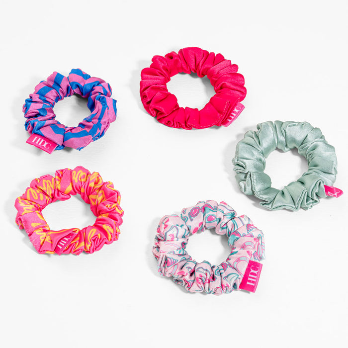 Barbie Dream Pop satin scrunchies in candy-bright shades, perfect for playful ponytails and buns
