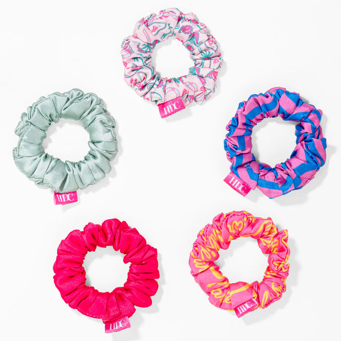 Set of 5 Barbie Dream Pop satin scrunchies with vibrant colours that brighten every hairstyle