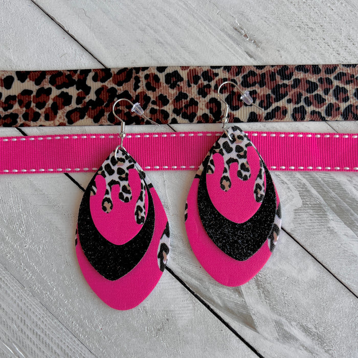Barbie Pink Leopard Drip Faux Leather Teardrop Ear Bling Two Styles Available