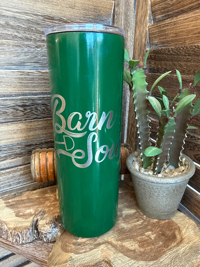 Green drink tumbler with 'Barn Sour' cursive text