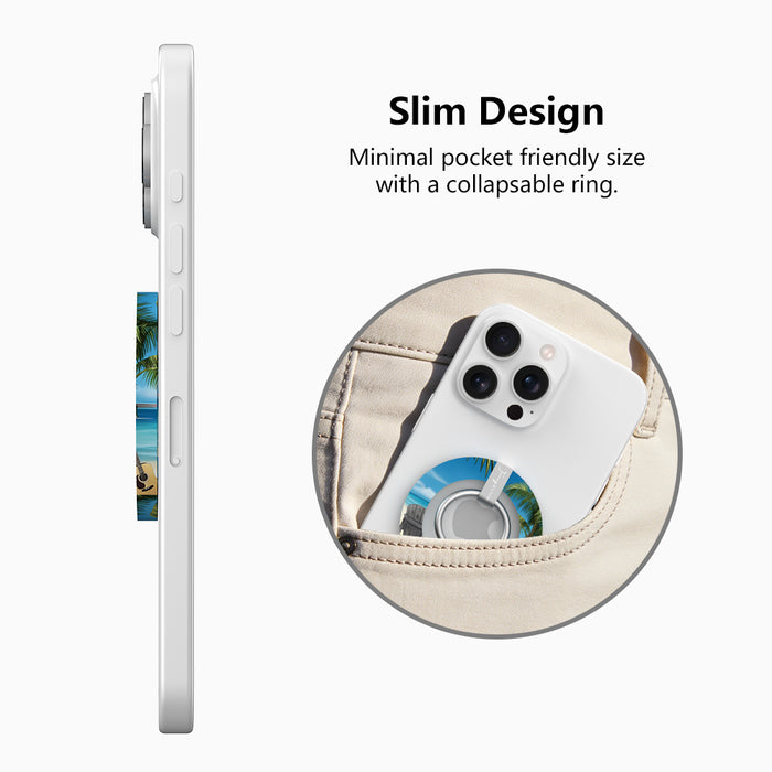 Beach Please tropical beach scene MagSafe phone grip ring with guitar chair and palm trees compatible with iPhone and Samsung