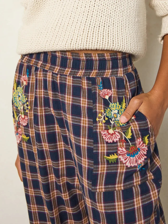 Beckett Embroidered Cotton Flannel Pants - Navy Caramel Plaid-view 1