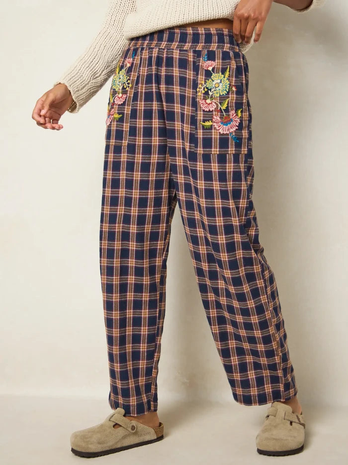 Beckett Embroidered Cotton Flannel Pants - Navy Caramel Plaid-view 2