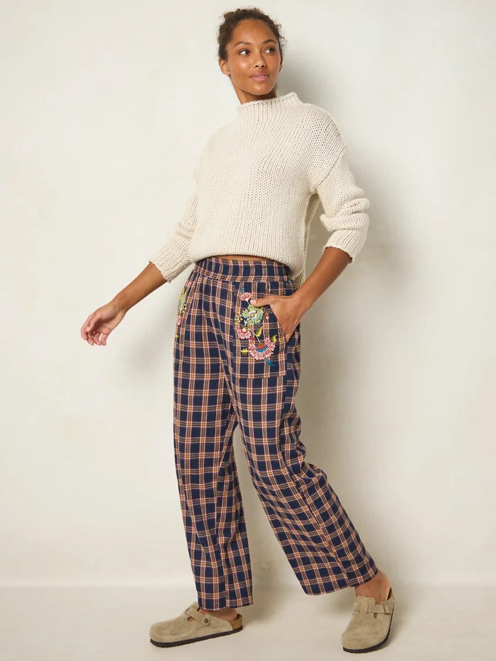 Beckett Embroidered Cotton Flannel Pants - Navy Caramel Plaid-view 4