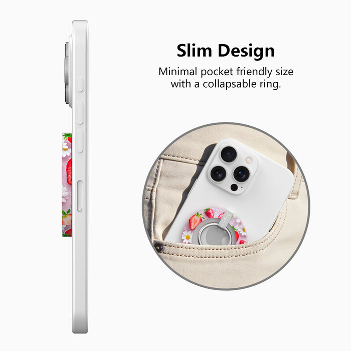 Berry Cute Blooms strawberry and daisy pattern MagSafe phone grip ring on pink background compatible with iPhone and Samsung