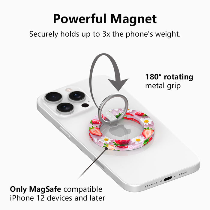 Berry Cute Blooms strawberry and daisy pattern MagSafe phone grip ring on pink background compatible with iPhone and Samsung