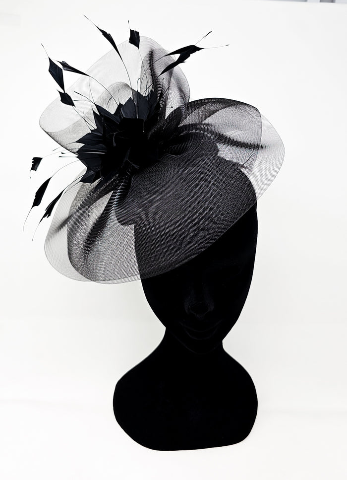 Black Feather Fascinator With Net Halo