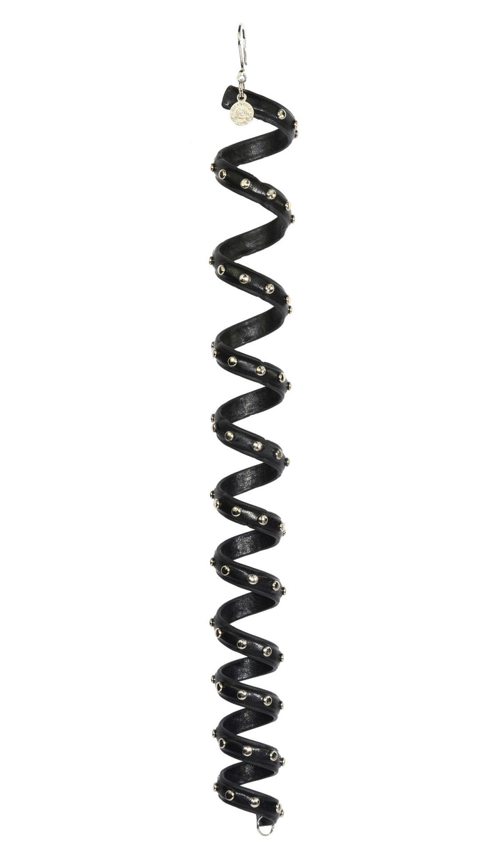 12-inch black leather spiral ponytail wrap with rivets, front view