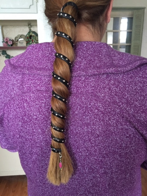 Biker look with Black Leather Ponytail Wrap with Rivets – 12" festival style