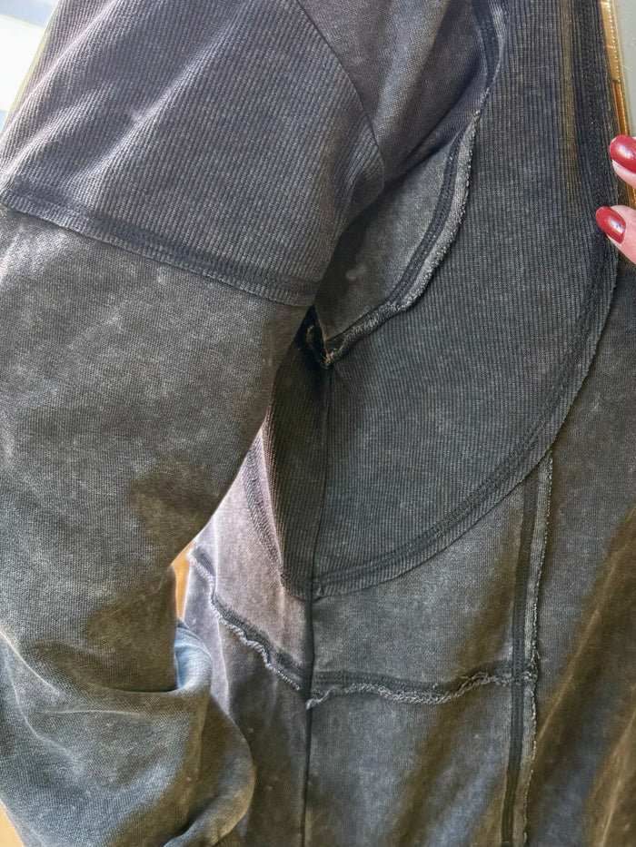 Mineral-washed french terry henley pullover with button placket and kangaroo pocket