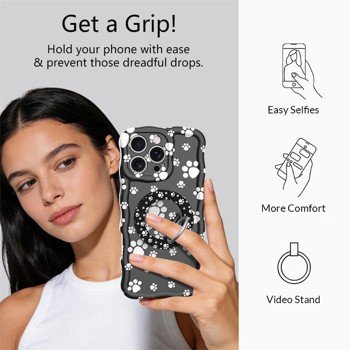 Black Paw Print pattern MagSafe phone grip ring with white paws on black background compatible with iPhone and Samsung