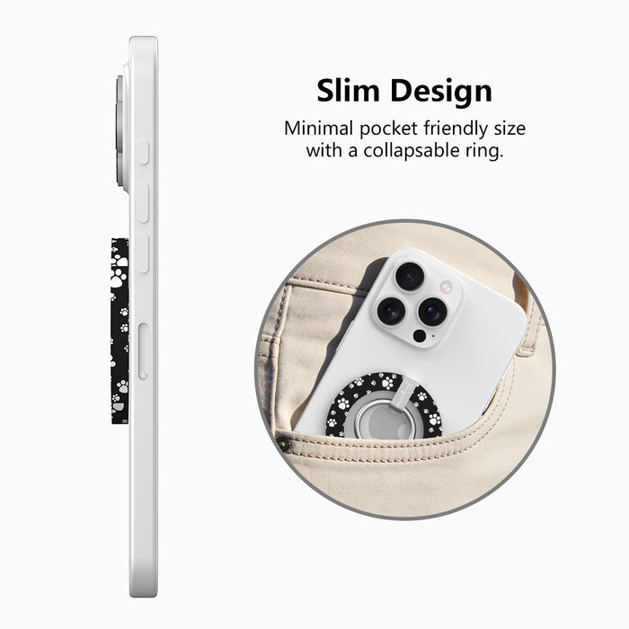 Black Paw Print pattern MagSafe phone grip ring with white paws on black background compatible with iPhone and Samsung