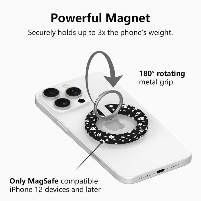 Black Paw Print pattern MagSafe phone grip ring with white paws on black background compatible with iPhone and Samsung