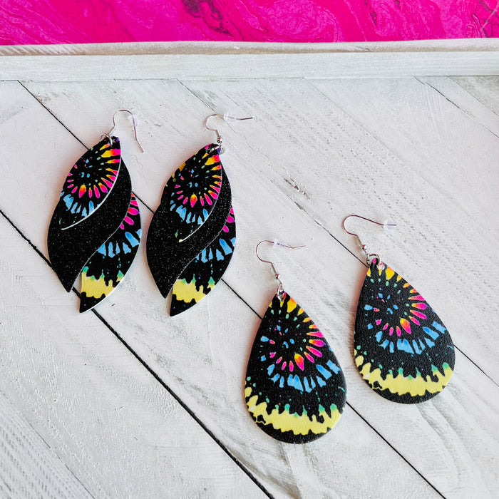 Black Tie Dye Faux Leather Teardrop Ear Bling Two Styles Available