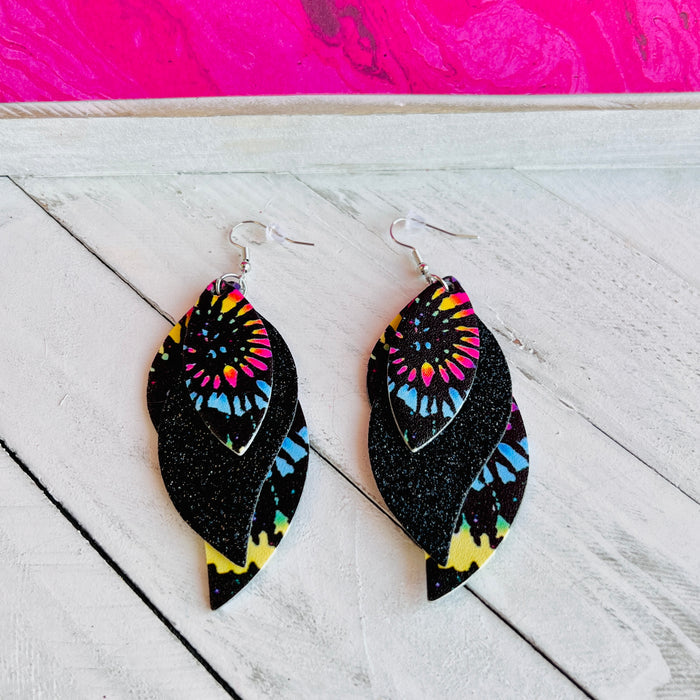 Black Tie Dye Faux Leather Teardrop Ear Bling Two Styles Available
