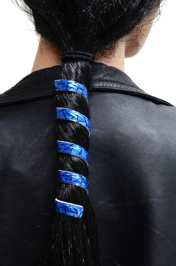 Model wearing Blue Holographic Ponytail Wrap - Faux Leather Hair Twister