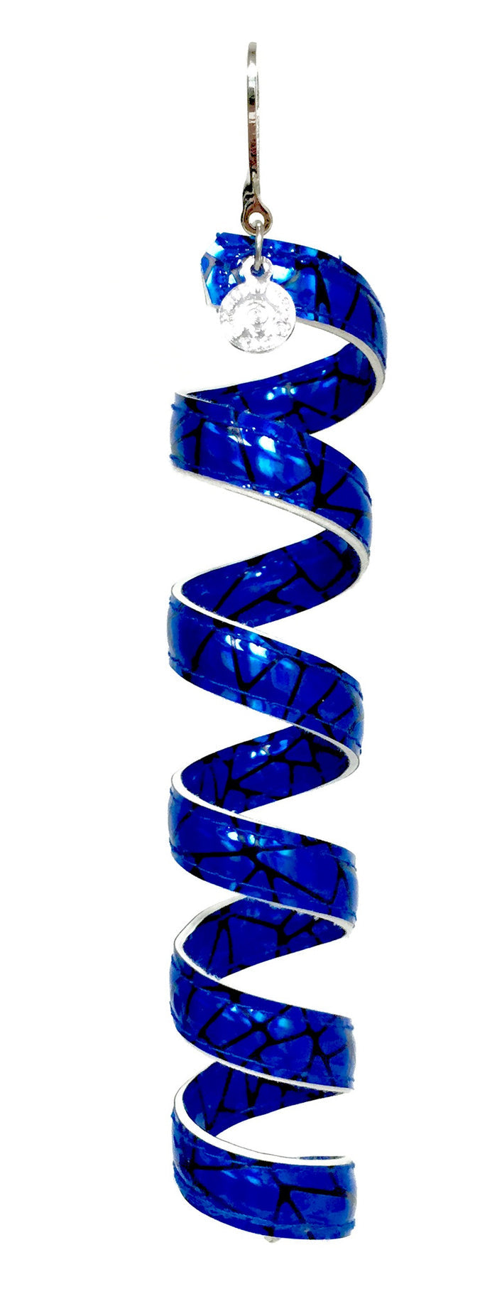 12 inch holographic blue faux leather ponytail wrap, spiral hair twister, front view on white background