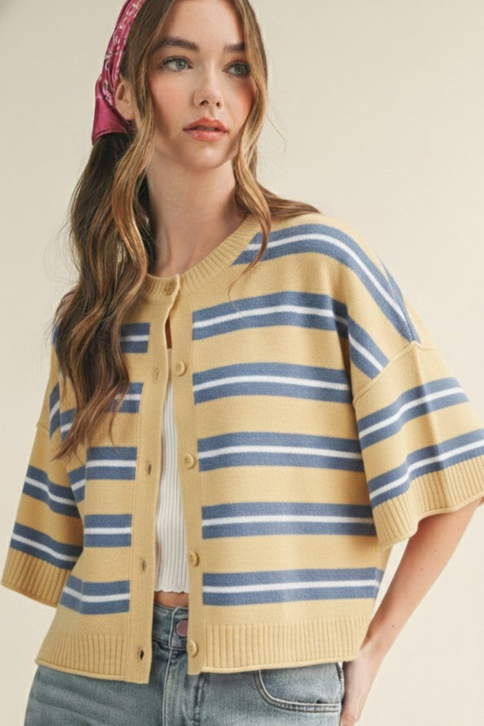 Yellow knit short-sleeve cardigan with blue horizontal stripes and front button placket