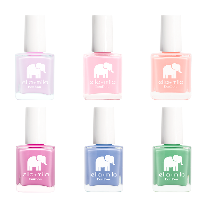 BonBon Collection Set B 6 pastel nail polish bottles in lilac, pink, peach, bubblegum, periwinkle and matcha
