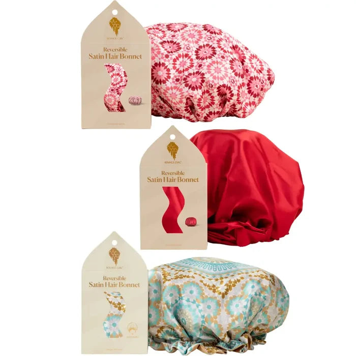Reversible satin hair bonnets in floral and solid designs for curly hair care