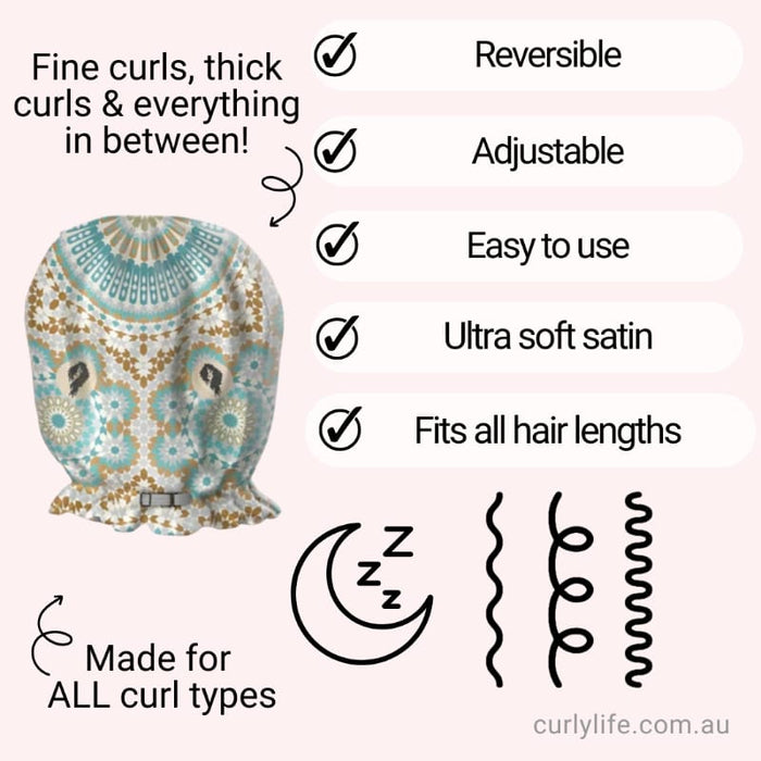 Ultra soft satin bonnet for all curl types, adjustable and reversible, fits fine to thick curls