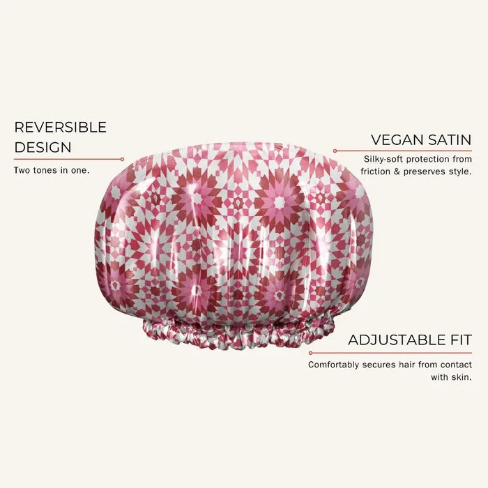 Reversible pink and white satin bonnet for curly hair protection and style preservation