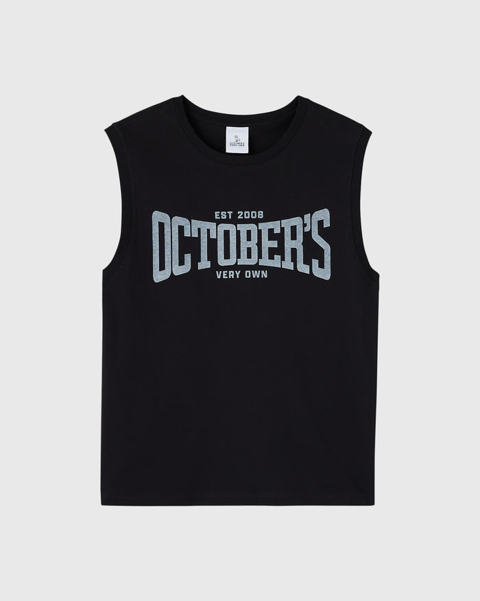 Black sleeveless tank top with gray "October's Very Own EST 2008" graphic print on chest.