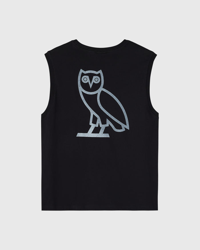 Black sleeveless tank top with gray owl outline graphic on chest.