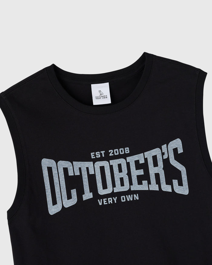 Black sleeveless tank top with gray text reading "EST 2008 OCTOBERS VERY OWN" across the chest.