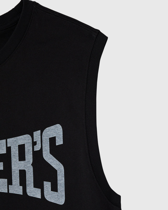 Black sleeveless tank top with gray block lettering on chest and ribbed trim.