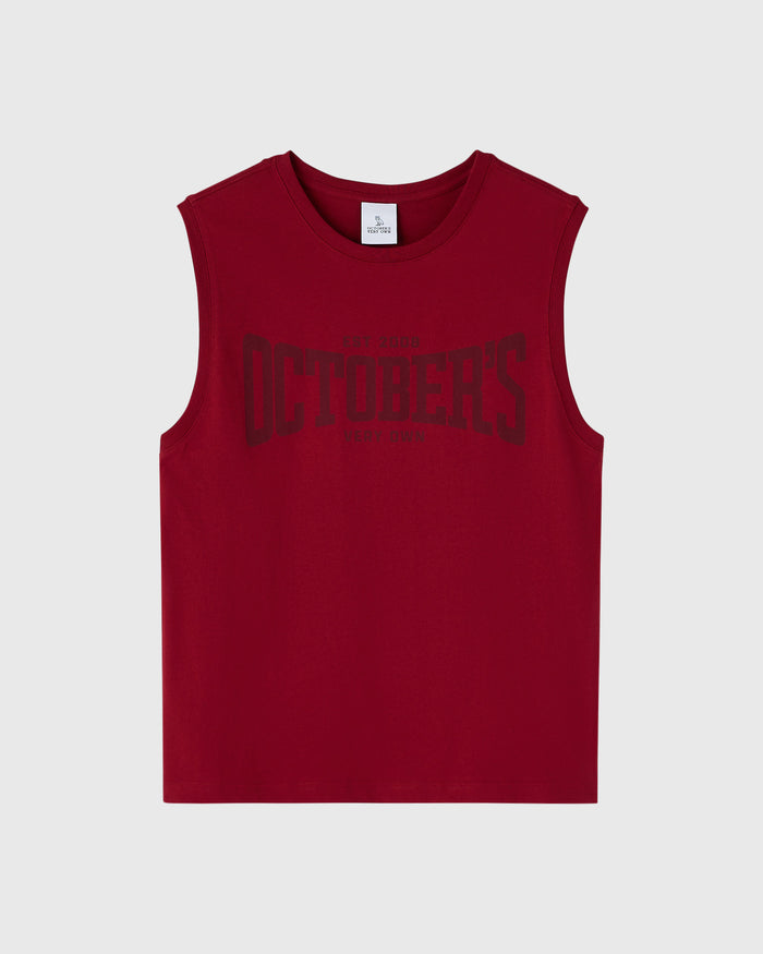 Deep red sleeveless tank top with tonal graphic text on chest.