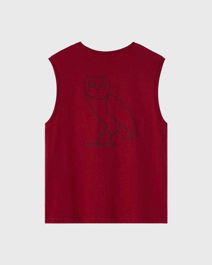 Deep red sleeveless tank top with owl graphic printed on the chest.