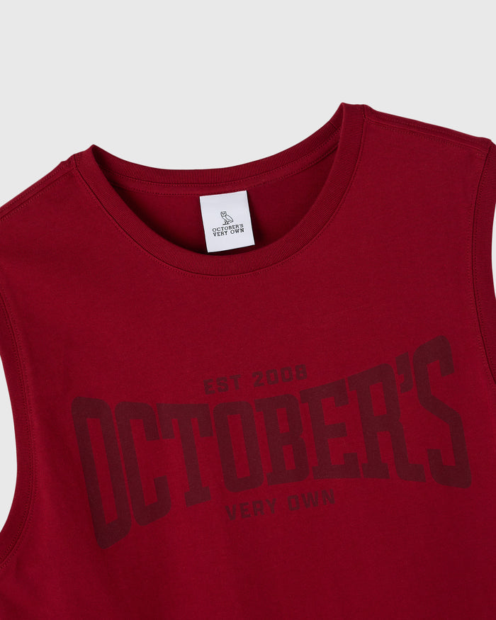 Deep red sleeveless tank top with crew neckline and "Oddbears" text graphic on front.