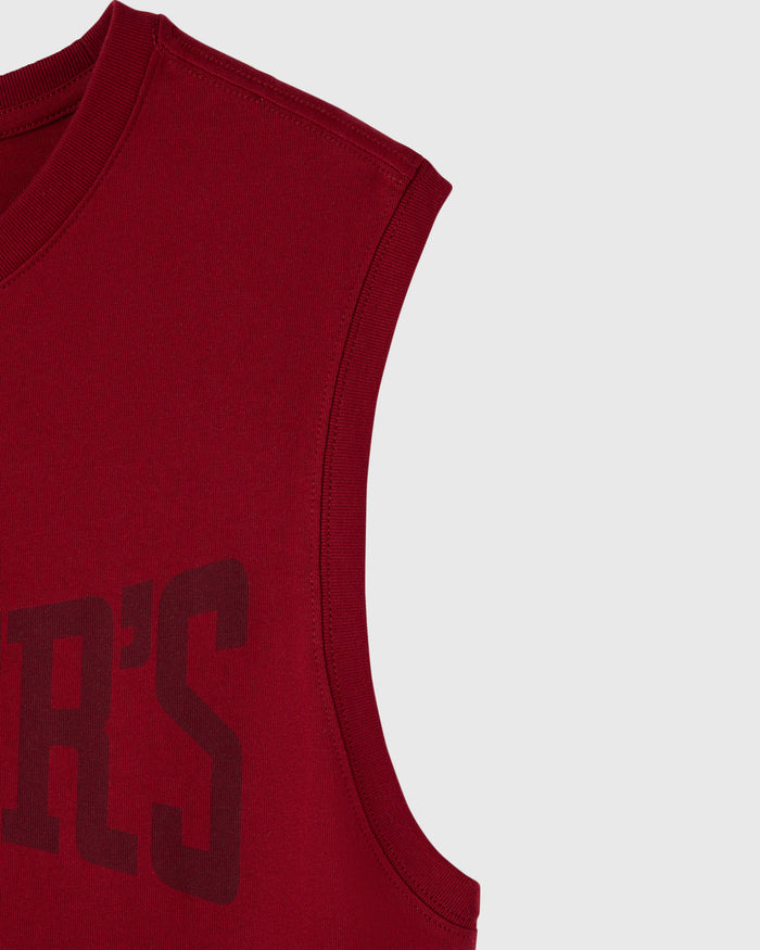 Deep red sleeveless tank top with ribbed neckline and graphic print on chest.