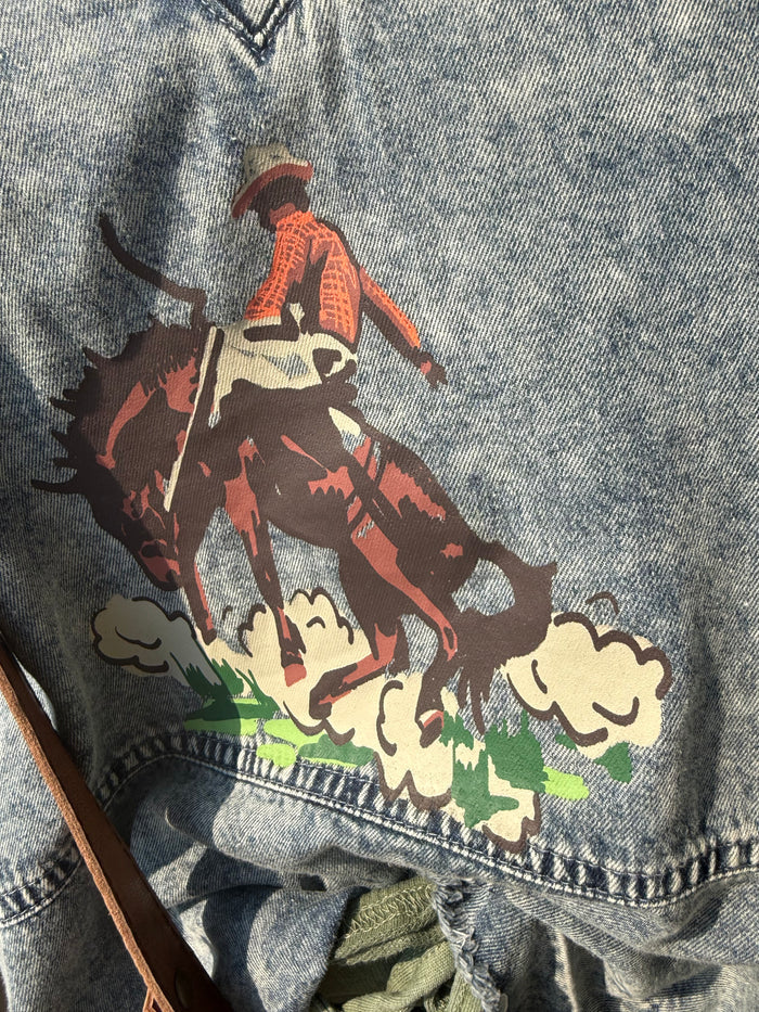 Light blue denim graphic shirt with colorful cowboy rider print on front