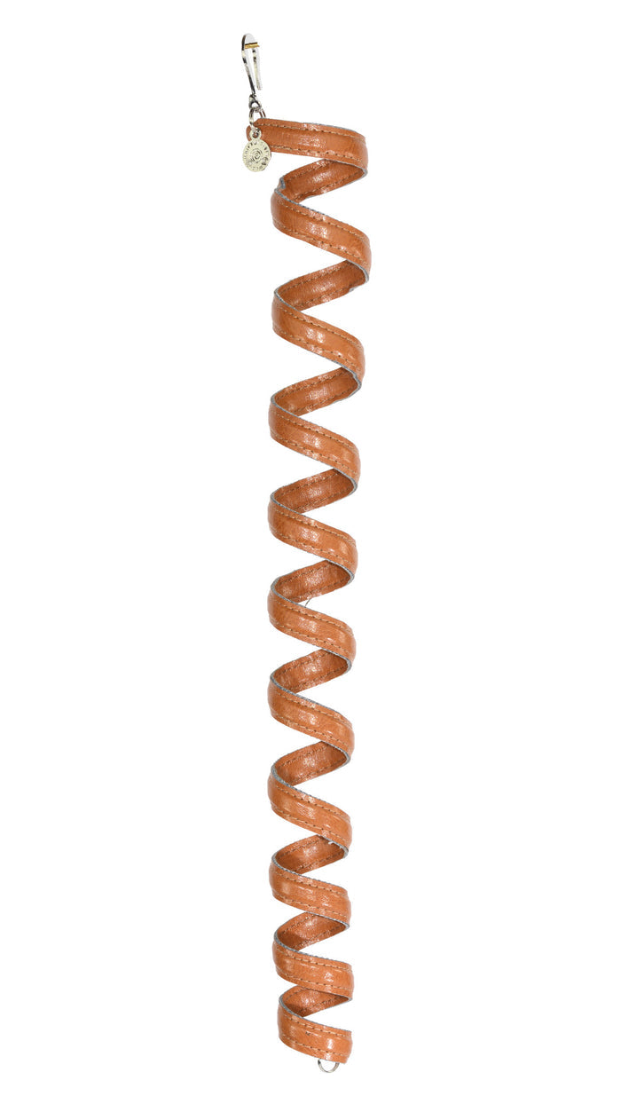 Brown leather spiral ponytail wrap hair accessory, 12-inch, front view