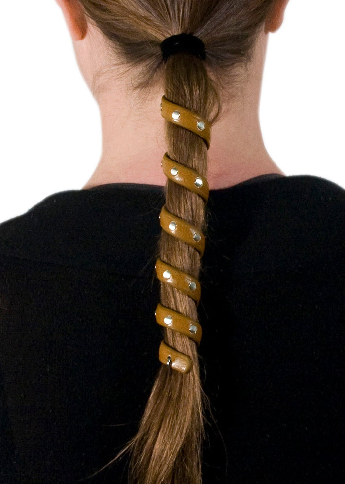 Model wearing Brown Leather Rivet Ponytail Wrap - 6 Inch Biker Hair Accessory