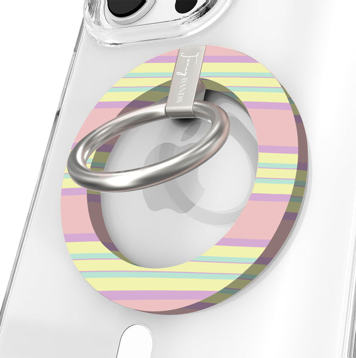 Bubble Gum Stripes pattern MagSafe phone grip ring with horizontal pastel stripes in pink lavender and yellow compatible with iPhone and Samsung