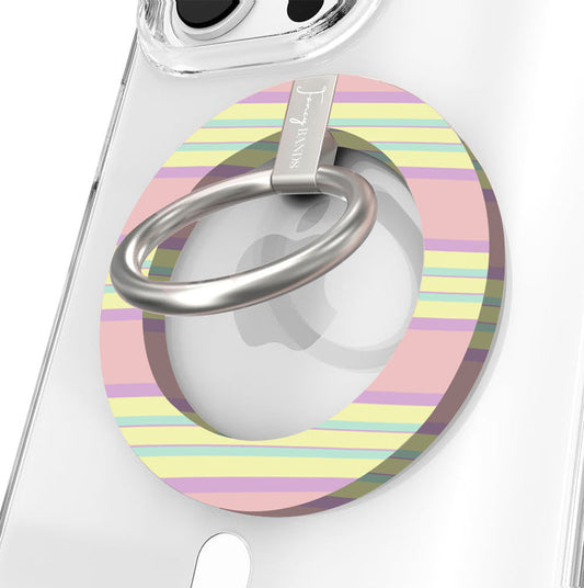 Bubble Gum Stripes pattern MagSafe phone grip ring with horizontal pastel stripes in pink lavender and yellow compatible with iPhone and Samsung