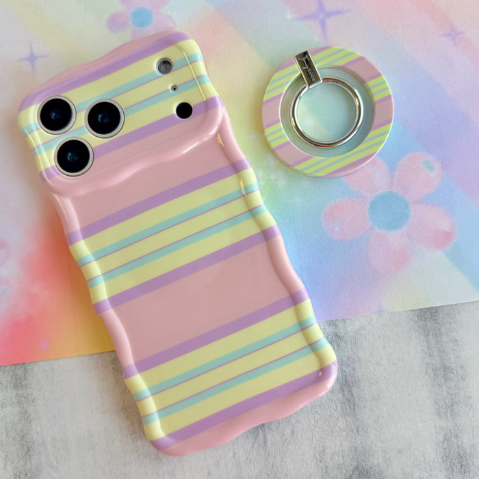 Bubble Gum Stripes pattern MagSafe phone grip ring with horizontal pastel stripes in pink lavender and yellow compatible with iPhone and Samsung