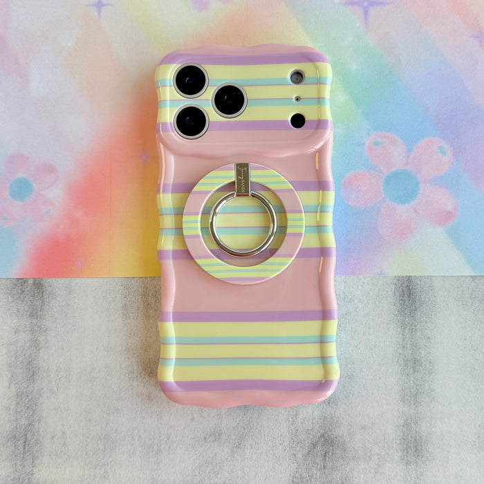 Bubble Gum Stripes pattern MagSafe phone grip ring with horizontal pastel stripes in pink lavender and yellow compatible with iPhone and Samsung