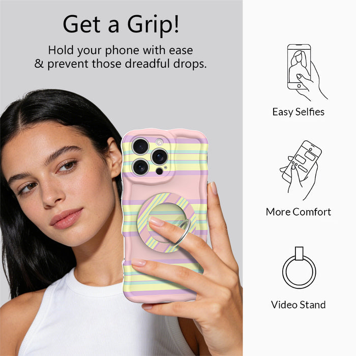 Bubble Gum Stripes pattern MagSafe phone grip ring with horizontal pastel stripes in pink lavender and yellow compatible with iPhone and Samsung