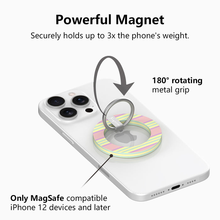 Bubble Gum Stripes pattern MagSafe phone grip ring with horizontal pastel stripes in pink lavender and yellow compatible with iPhone and Samsung