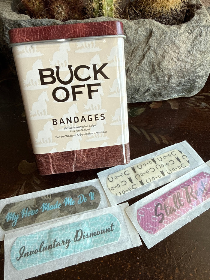 Equestrian bandage tin with printed bandage strips in assorted colors
