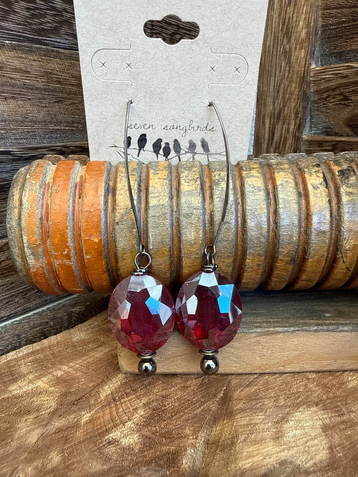 Burgundy glass bead kidney wire earrings with faceted teardrop drops