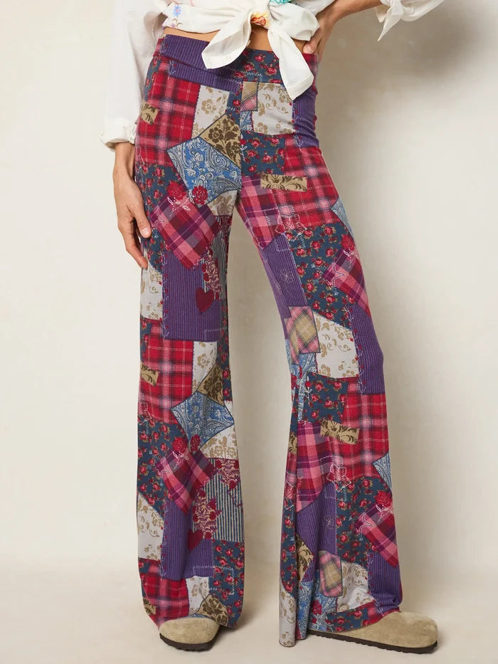 Cali Knit Flare Pants - Aspen Patchwork Burgundy-view 1